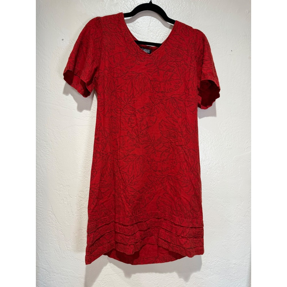 Nicole Miller Original Red Linen Blend Leaf Print Tiered Hem Shift Dress Small
